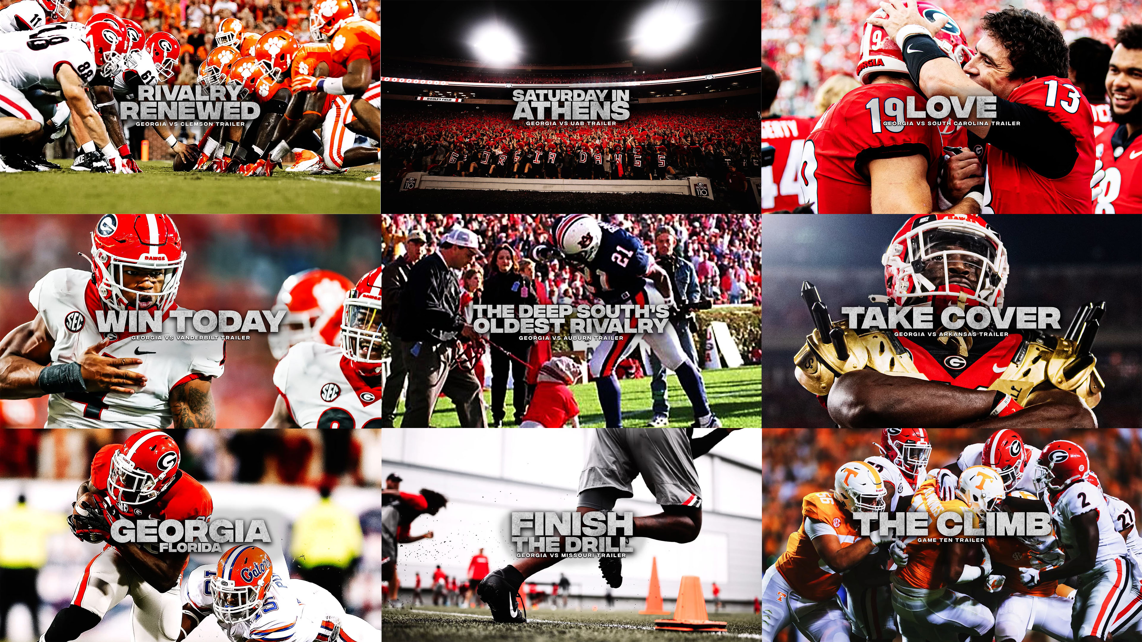 Compilation of thumbnails from the 2021 Georgia Football season of game trailers