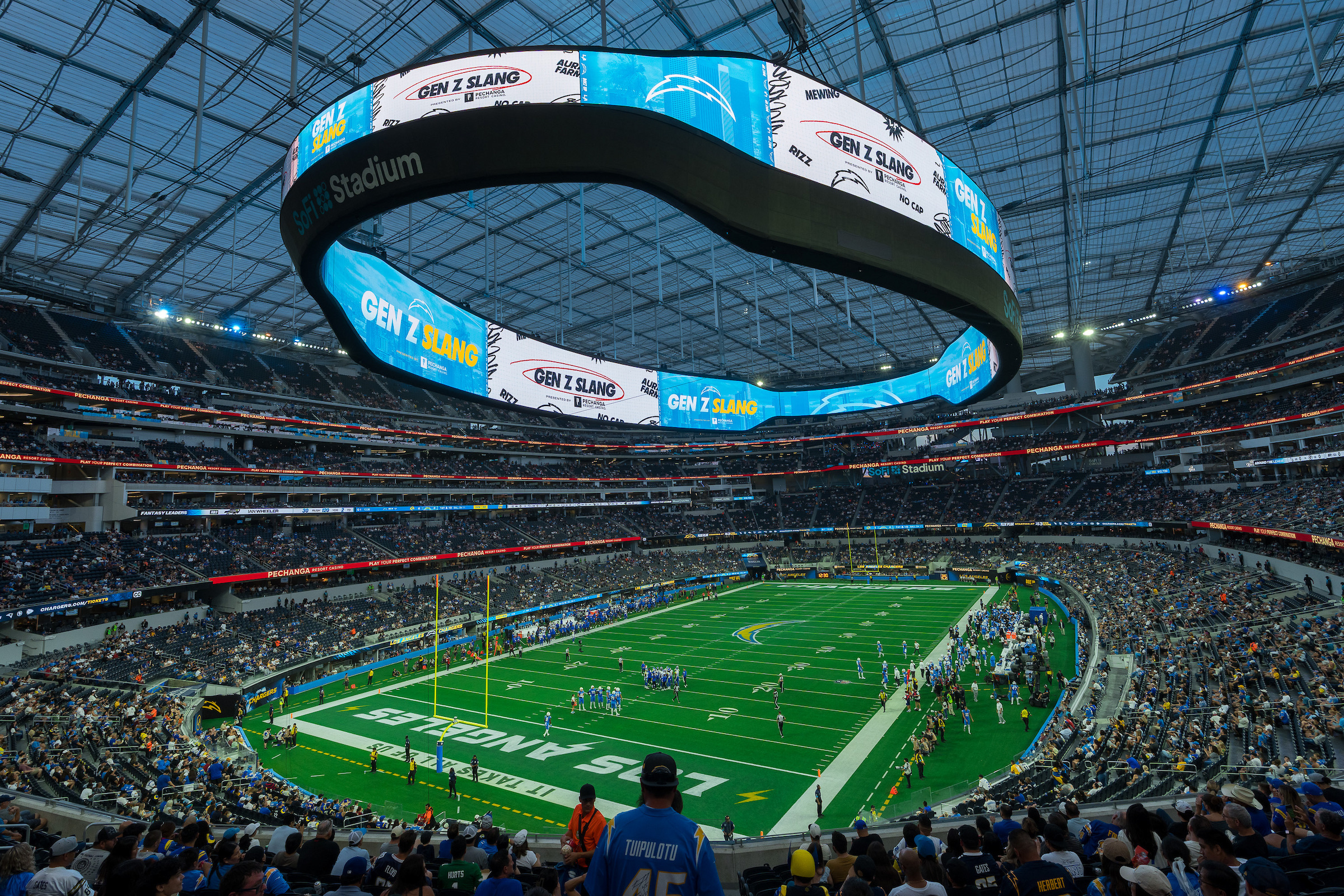 SoFi Stadium with focus on the video board