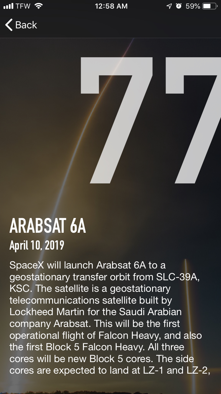 Screenshot of Space X Info app