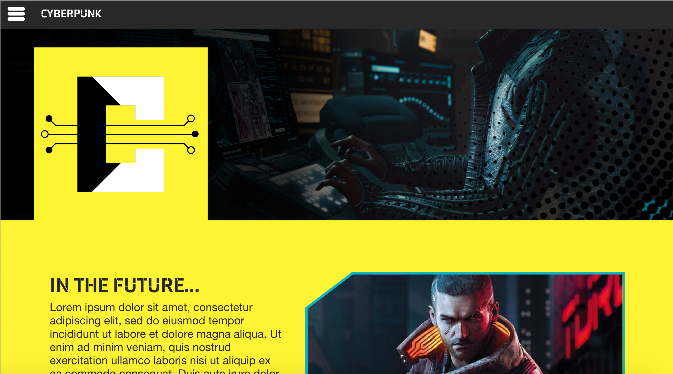 Screenshot of a website mockup for the videogame Cyberpunk 2077